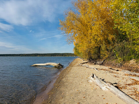 Russia, Novosibirsk, October 02, 2026: Ob reservoir sunny autumn day.