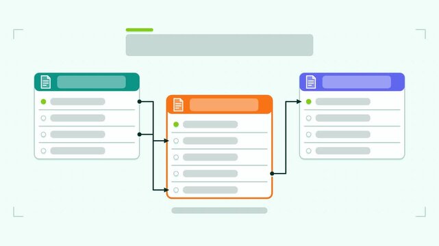 Seamless 4K looping animation of a database schema infographic template with keys drawing. Flat vector shapes, icons and grey text placeholders animate on a clean light background in teal and turquois