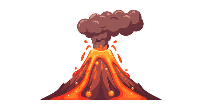 Erupting volcano with flowing lava and smoke plume vector illustration