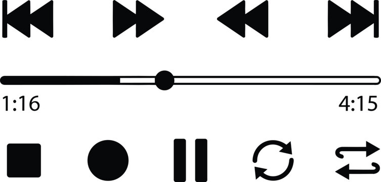 Digital audio video media player control button icons set with slider progress timeline bar interface design elements