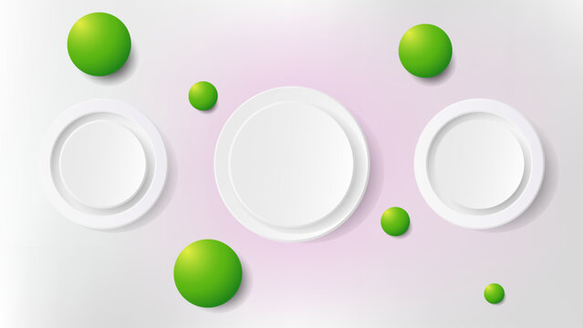 Modern 3D render display backdrop with white circular geometric platforms and glossy green balls for product presentation on a soft pink gradient