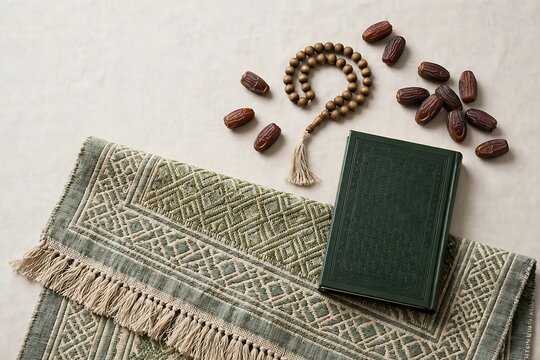 Prayer mat with tasbih dates and Quran flat lay