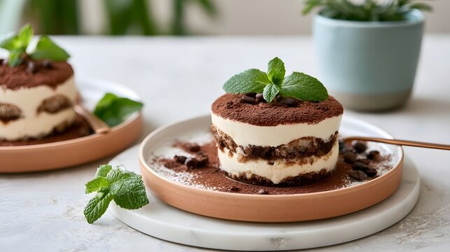 A delectable tiramisu dessert with layers of coffee soaked ladyfinger cake and creamy mascarpone  garnished with fresh mint and cocoa powder