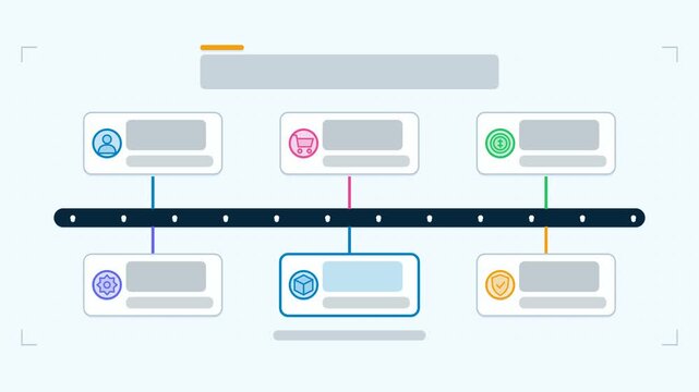 Animated microservices map infographic in a modern flat vector style, services assembling in a smooth 4K loop. Blank text placeholders and blue and azure accents sit on a bright light background so he