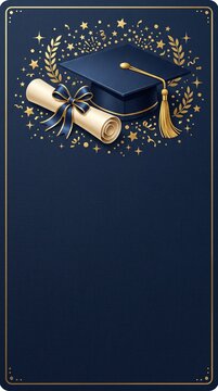 Graduation greeting card with cap diploma and gold stars confetti on navy