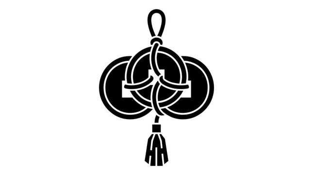 Black silhouette of Chinese lucky coins with tassel.
