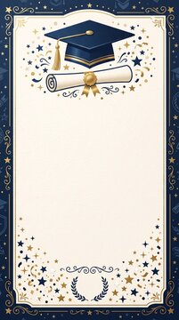 Elegant graduation invitation card with cap diploma gold confetti frame