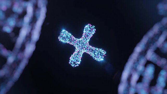 X-shaped chromosome rotating between DNA strands. Genetics and genome research. Molecular biology and heredity. Biotechnology and medical science. Abstract scientific visualization.