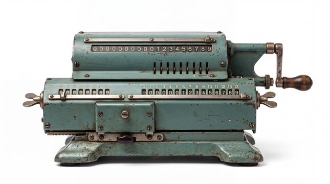 Vintage mechanical adding machine with metal body and wooden crank handle on white background