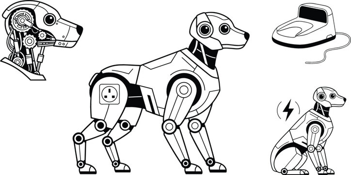 Futuristic robotic dog pet concept line vector illustrations featuring mechanical internal gears charging base and status indicators