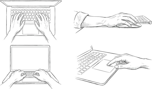 Hand drawn hands typing on laptop keyboard using computer mouse trackpad sketching illustration linear collection