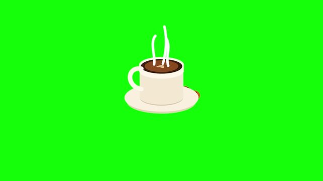 Hot coffee cup appears with steam and coffee beans on a saucer