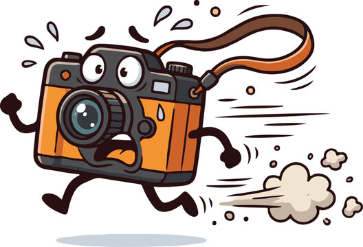 Cartoon character of a funny camera with wide eyes running in a panic with speed lines and a dust cloud behind