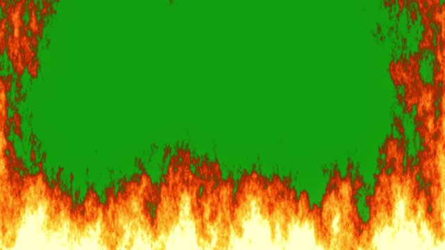 Fire flames burning along the bottom and sides of green screen frame, orange blaze border overlay for compositing