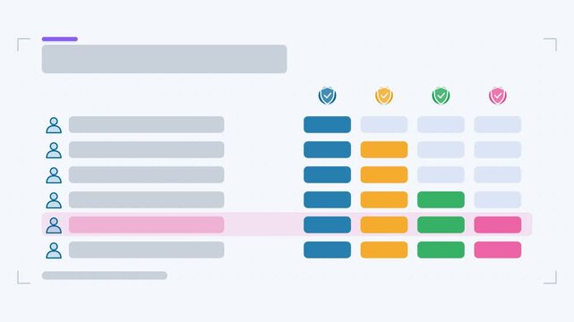 Seamless 4K looping animation of a access control infographic template with levels highlighting. Flat vector shapes, icons and grey text placeholders animate on a clean light background in blue and az