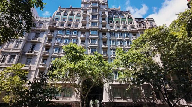 Low angle tilt up of Palacio Barolo building facade, Buenos Aires, Argentina