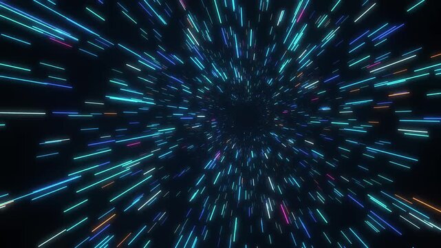 Blue light speed tunnel with glowing streaks rushing toward camera, hyperspace warp travel abstract technology background