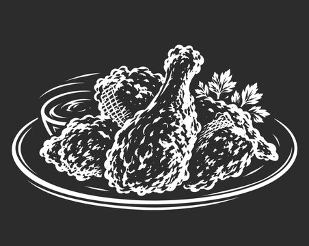 Fried Chicken Platter with Fries Vector Illustration Crispy Fast Food Meal Design.