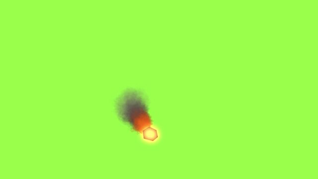 Fiery meteor falling and exploding on impact with fireball and rising smoke cloud on green screen for compositing