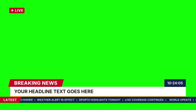 Breaking news lower third template with live badge, headline bar and scrolling ticker on green screen