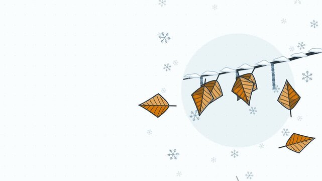 Seamless 4K looping animation of autumn to winter branch shedding, drawn as a minimal flat vector scene in orange and amber tones on a soft light background. Calm, gentle motion with plenty of empty s