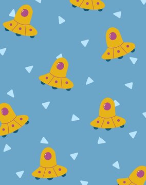 Cute UFO space seamless pattern with blue background and triangles for scrapbook paper craft digital instant download illustration