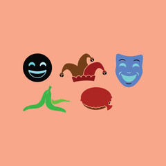Obraz premium Set of Five Comedy Prank Icons Laughing Emoji Jester Hat Theater Mask Banana Peel Whoopee Cushion Peach Background