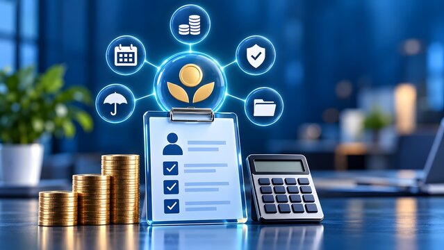 Comprehensive financial planning and wealth management concept featuring digital clipboard checklist calculator and stacked coins on modern desk