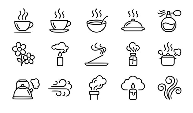 Aroma smell steam and fragrance linear icon collection editable outline vector set