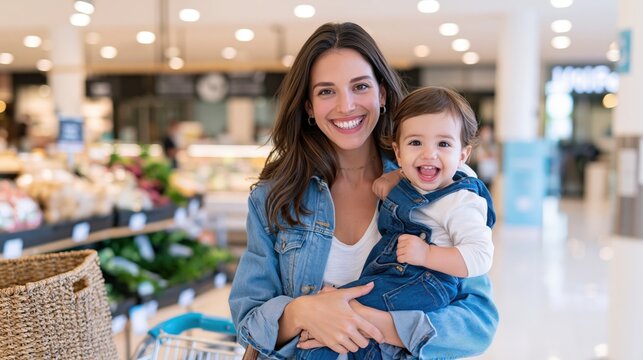 Happy woman holds smiling baby in a shopping aisle.