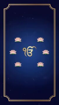 Ek Onkar Golden Symbol with Pink Lotus on Blue Background Guru Purab