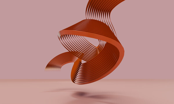 Floating Copper 3D Ribbons above a Pink Surface