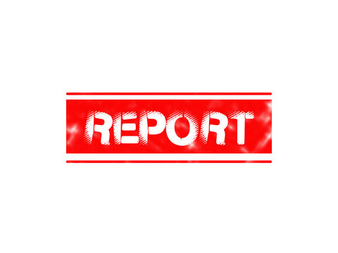 A red rectangular banner with the word report written in a white distressed font, centered on a solid black background, for user interface isolated on a transparent background