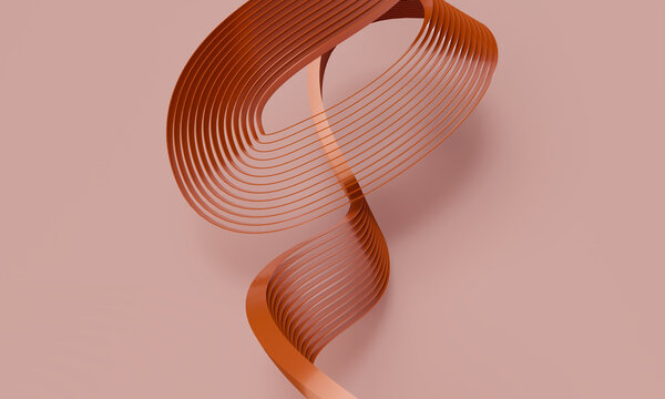 Rising spiral of 3D copper strips on dusty pink