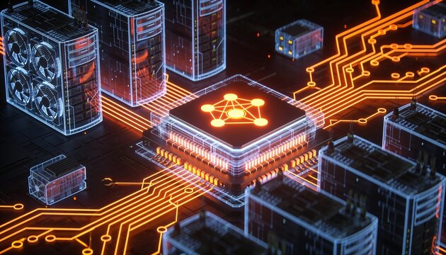 Isometric AI server facility with glowing orange neural symbol, holographic wireframe GPU racks and cooling units in neon circuitry on dark backdrop, high performance computing illustration
