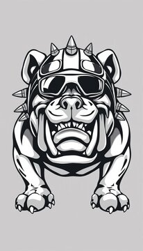 Fierce bulldog illustration in monochromatic tones, sporting a spiked helmet and goggles, exuding confidence and power, powerful, expression