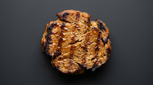 Grilled Pork Chop, Juicy, Seasoned, Delicious Meat, Dark Background, Top View