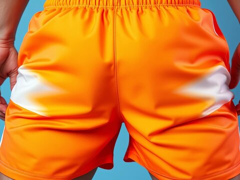 Orange athletic shorts with white stripe details, fashion, bright