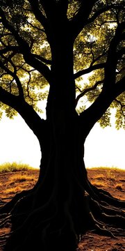 Tree silhouette with intricate trunk and roots, bark, branches