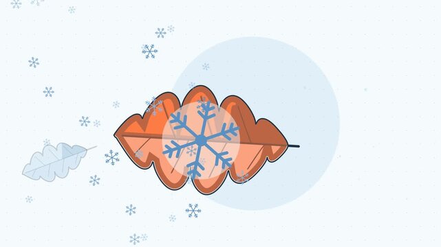 Gentle 4K seamless loop showing snowflake on leaf arms growing in a clean flat vector style with orange and amber colours and a bright light backdrop. Slow natural movement and generous copy space. Wi