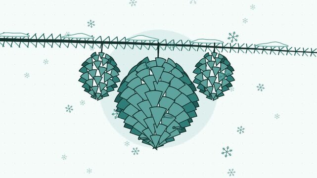 Seamless 4K looping animation of spruce cone scales slightly opening, drawn as a minimal flat vector scene in teal and turquoise tones on a soft light background. Calm, gentle motion with plenty of em