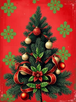 Vintage-inspired pine tree banner featuring a distressed red and green pattern with glittering ornaments, ribbons, and a festive holly motif, decorations, christmas