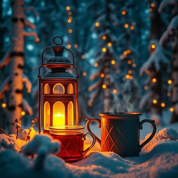 Warm glow of lanterns illuminates a cozy winter forest scene, with steaming tea mugs surrounded by snow-covered trees, calm, cozy