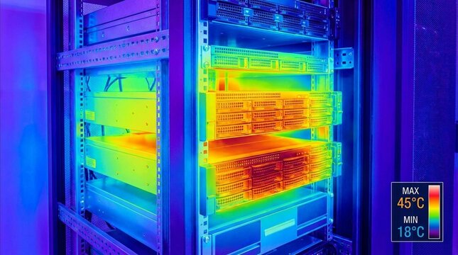 Thermal image of server racks, showing heat distribution in a data center, vibrant infrared colors, blue and orange tones, technology and network infrastructure concept