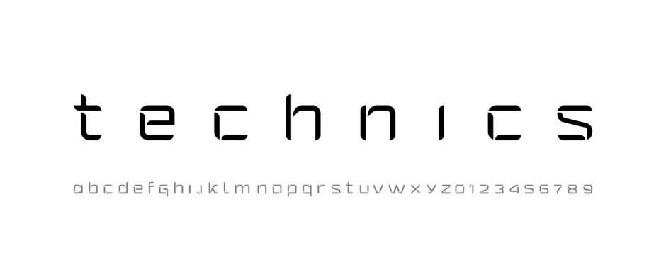 Technical future font, digital cyber alphabet, uppercase letters and numbers, vector illustration 10EPS