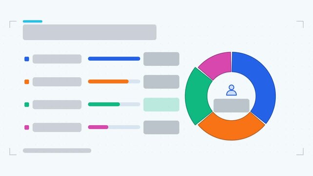 Seamless 4K looping animation of a workforce composition infographic template with ring sweeping. Flat vector shapes, icons and grey text placeholders animate on a clean light background in teal and t