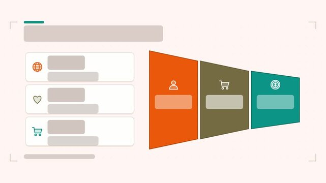Animated retail funnel tiers infographic in a modern flat vector style, funnel tiers assembling in a smooth 4K loop. Blank text placeholders and yellow and gold accents sit on a bright light backgroun
