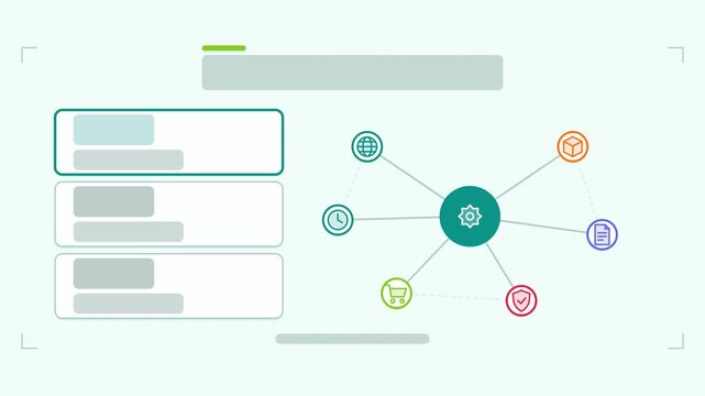 Seamless 4K looping animation of a technology template network infographic template with template network drawing. Flat vector shapes, icons and grey text placeholders animate on a clean light backgro