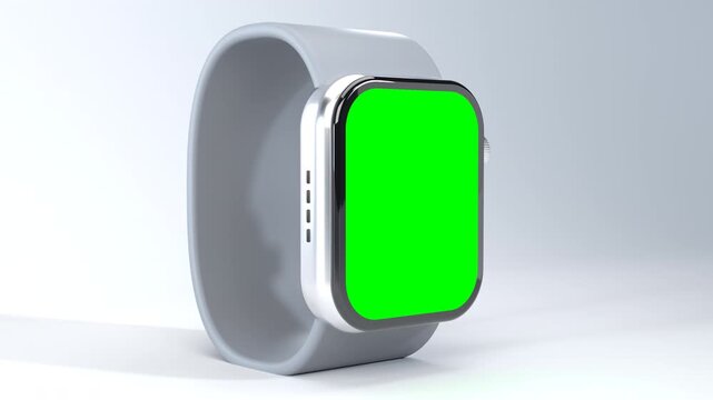 Smartwatch with gray sport band and green screen on white background, slow low angle camera orbit
