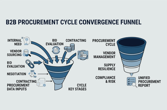 infographic of  B2B procurement cycle convergence funnel
